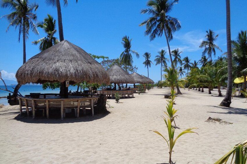 Une plage avec des parasols en chaume et des tables en bois. 1