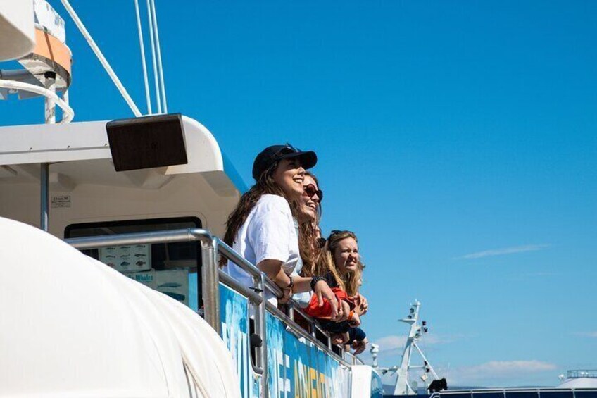 People on a boat with a clear blue sky in the background. 2