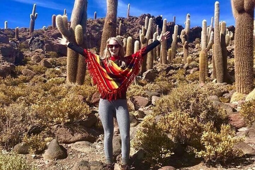 A person standing in a desert with cacti and rocky terrain. 5