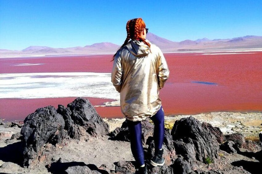 A person standing on rocky terrain overlooking a vast body of water with a mountainous backdrop. 1