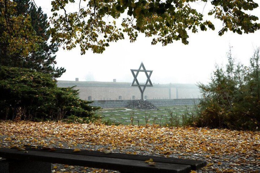 Een park met herfstbladeren, een Davidster en een verre brug. 2