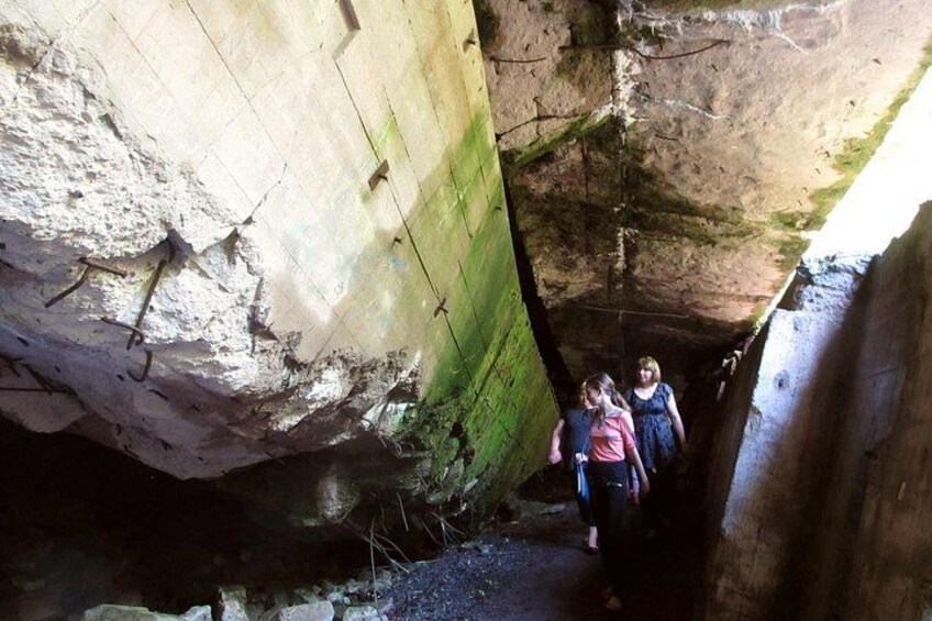 A narrow passage between rock walls with moss growth. 3