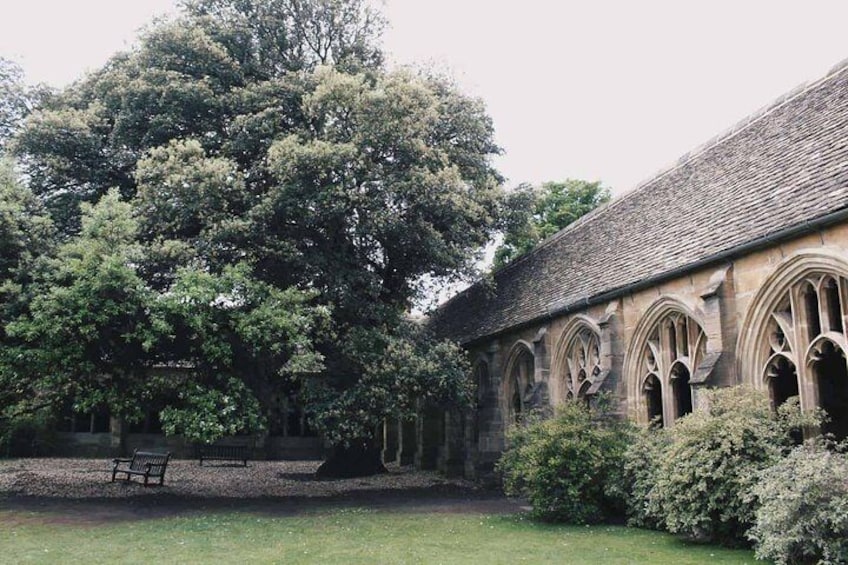 A historic building with arched windows and a large tree in the foreground. 1