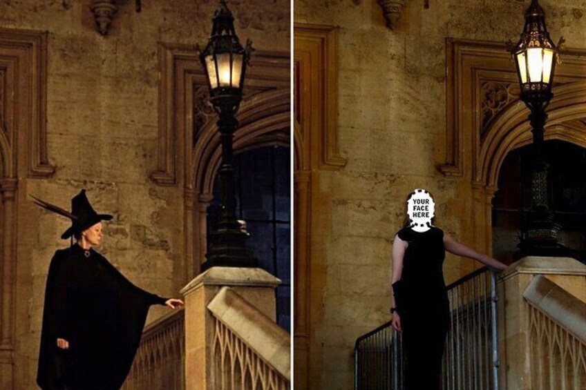 A person in a black cloak and hat standing on a balcony, holding a railing. 4