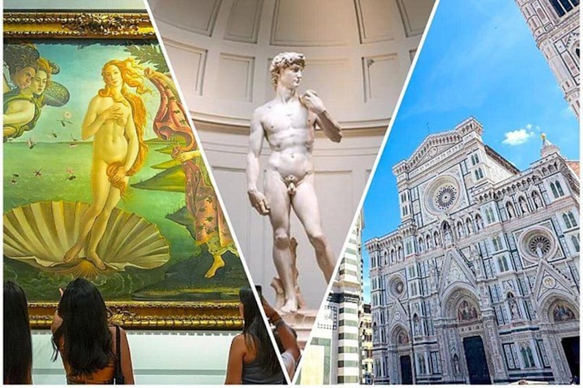 A fresco, a classical statue, and a historic building. 1
