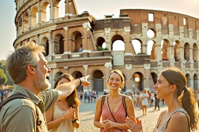 Een groep mensen staat voor het Colosseum, met de bogen en zuilen. 5