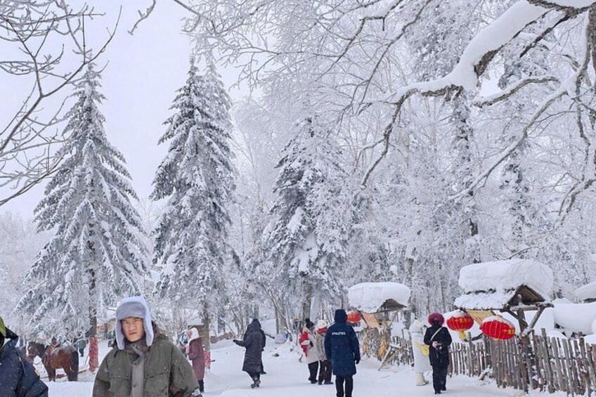 A snowy forest with people walking and a wooden fence. 5
