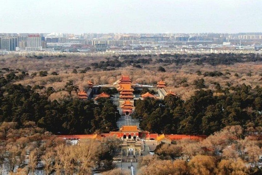 Een traditioneel Chinees tempelcomplex met meerdere pagodes, omgeven door dicht bos en stadsgebouwen op de achtergrond. 5