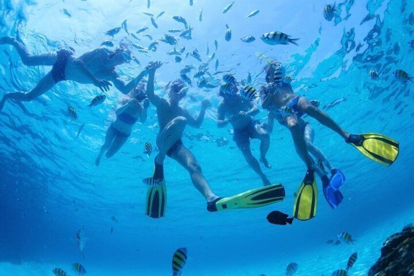 Mensen snorkelen onderwater tussen vissen. 1