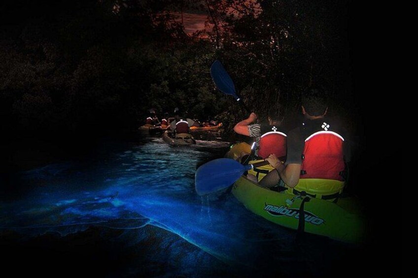 Mensen kajakken in een rivier in de nacht. 1