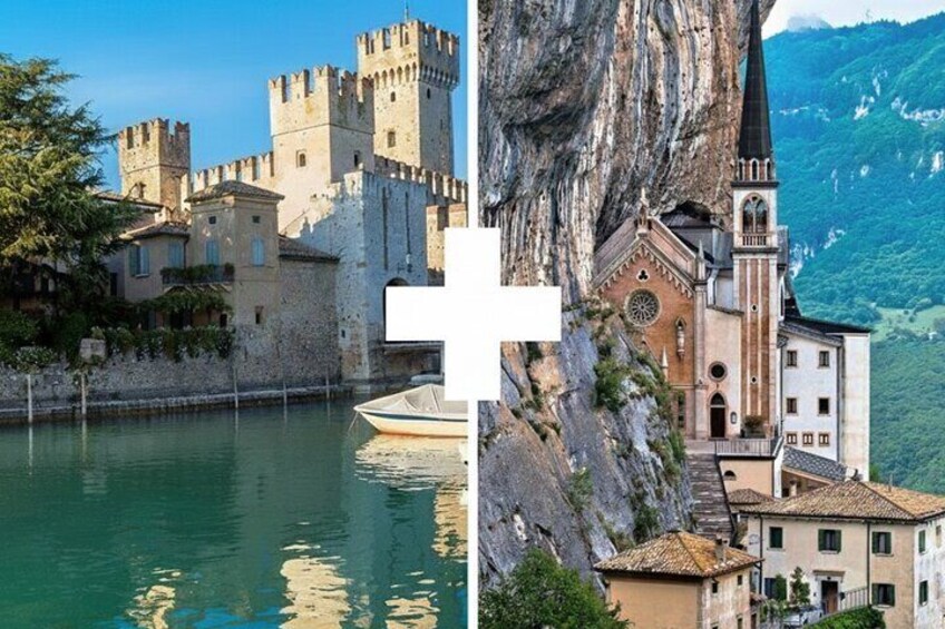 A castle by a calm river and a church on a cliff. 1