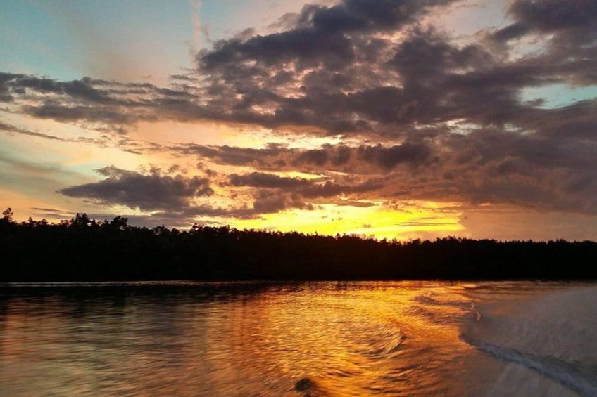 A sunset over a body of water with a silhouette of trees in the background. 1