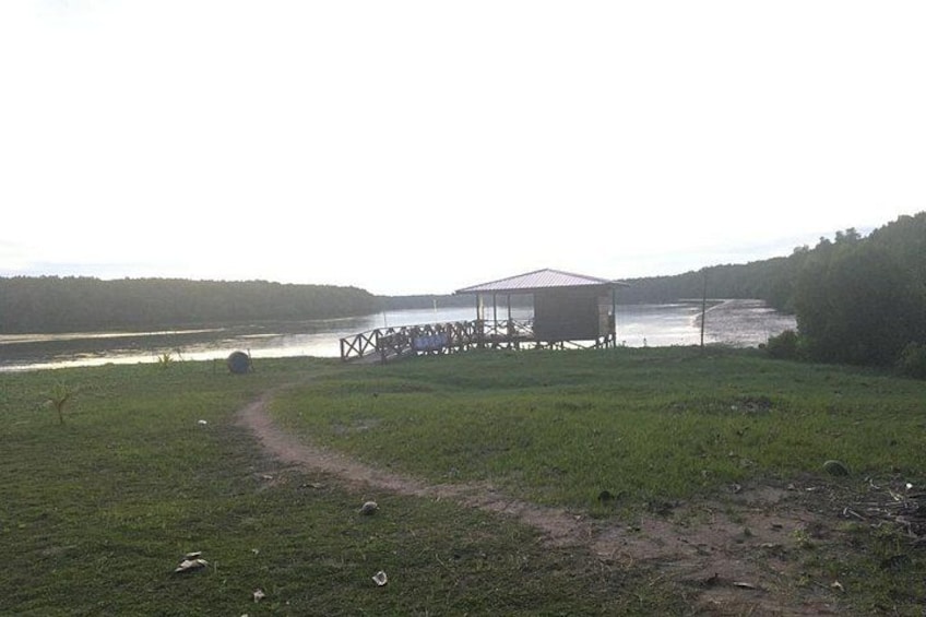 A grassy area with a wooden dock extending into a body of water, a covered structure on the dock, and a dirt path leading to the dock. 3