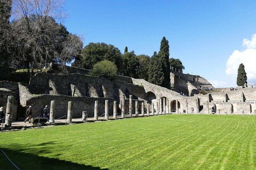 Ancient ruins with columns and arches, a grassy field, and trees in the background. 3