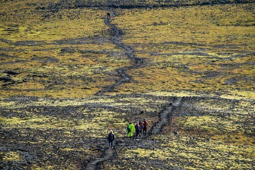 Eine Gruppe von Menschen geht auf einem schlammigen Pfad durch eine karge Landschaft. 3