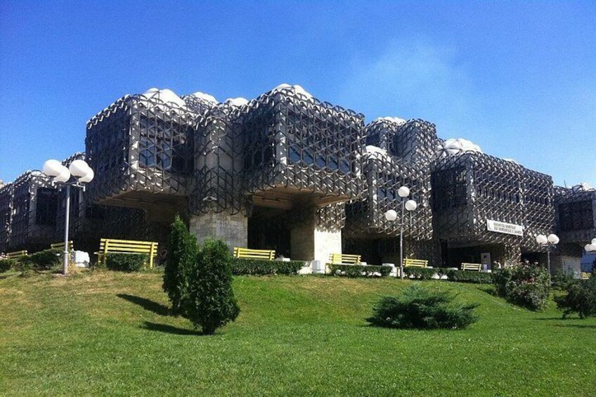 A modern architectural building with a unique, organic design, surrounded by a well-maintained lawn and a few trees. 1