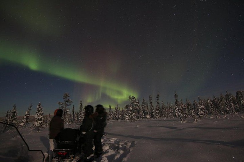 People observing the Northern Lights in a snowy landscape. 5