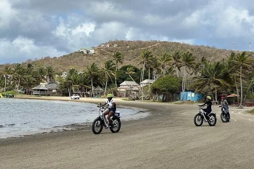 A beach with two motorcyclists, palm trees, and a hilly background. 2