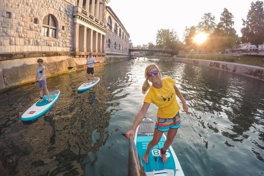 SUP tour Ljubljana with sunset light
