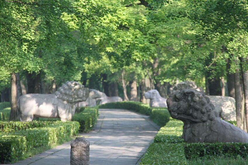 A pathway lined with stone lion statues in a park. 4