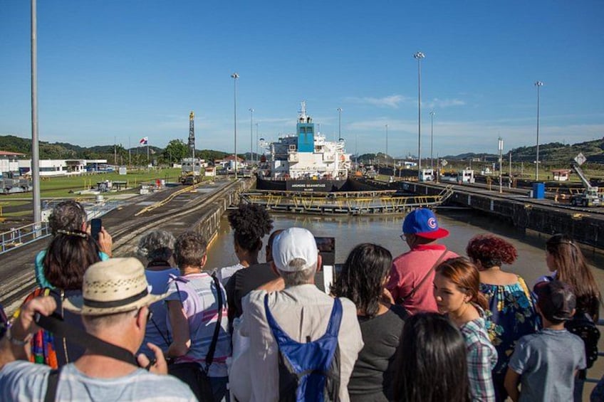 A crowd of people watching a ship at a dock. 4
