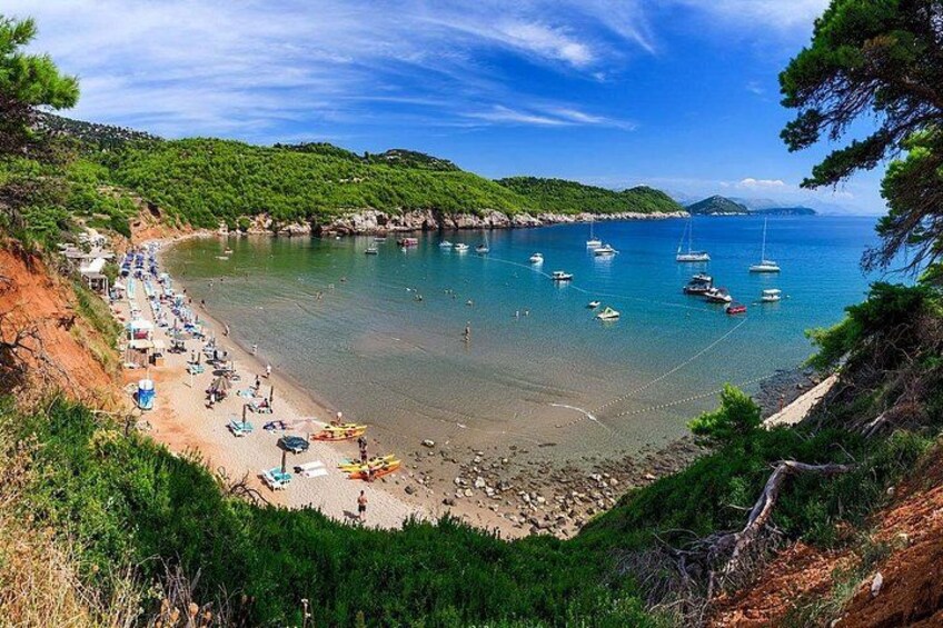 A beach with boats, people, and greenery. 3