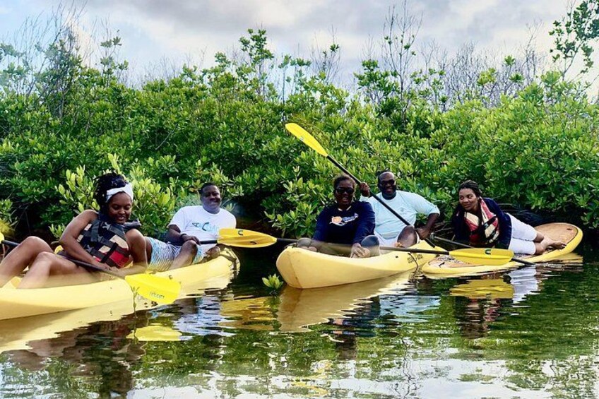 Des personnes pratiquent le kayak sur une rivière paisible, entourée d’une végétation luxuriante. 3