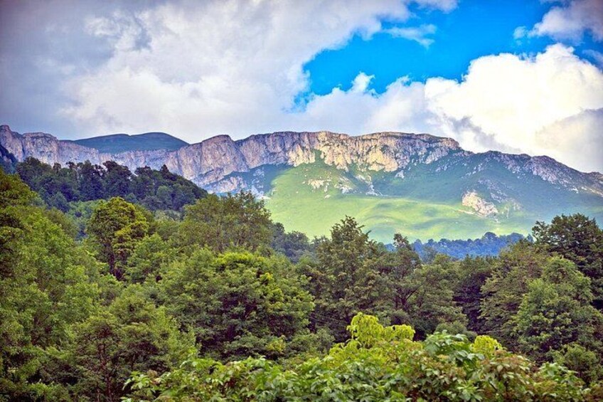 Un paisaje montañoso con bosques verdes y densos y acantilados rocosos. 5