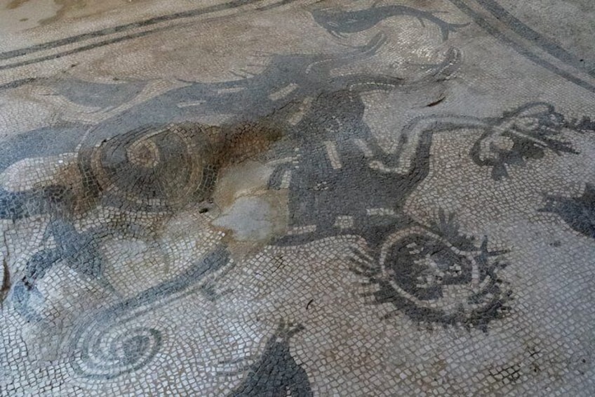 A mosaic with a horse and rider. 5