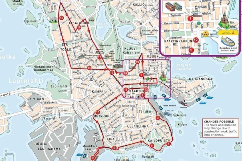 A detailed map of a city with marked routes and landmarks. 2