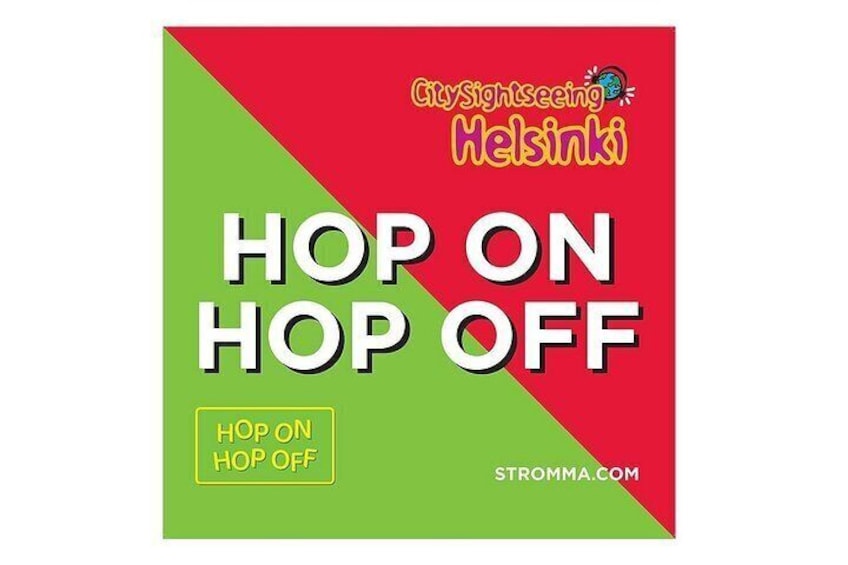 A red and green sign with the text 'HOP ON HOP OFF' and the website 'STROMMA.COM'. 3