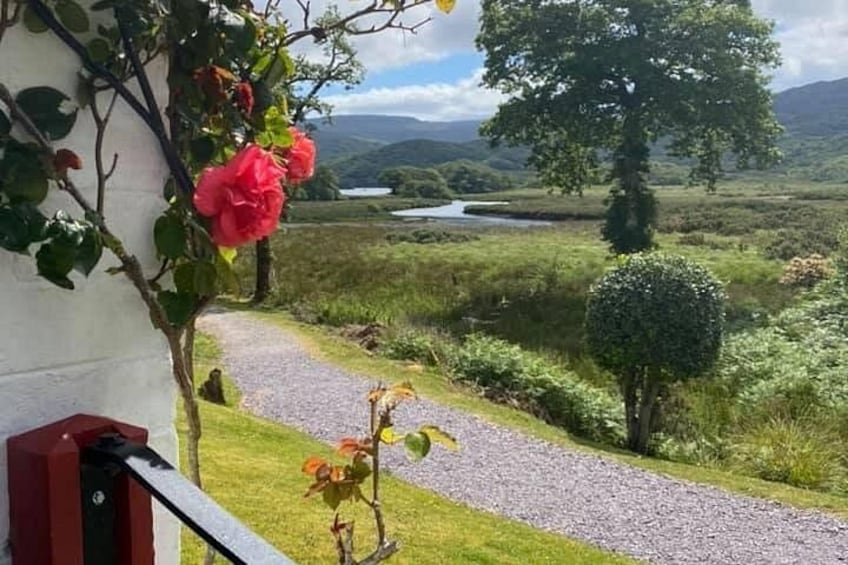 A gravel path, a red bench, a rose bush, a hedge, and a distant lake. 4