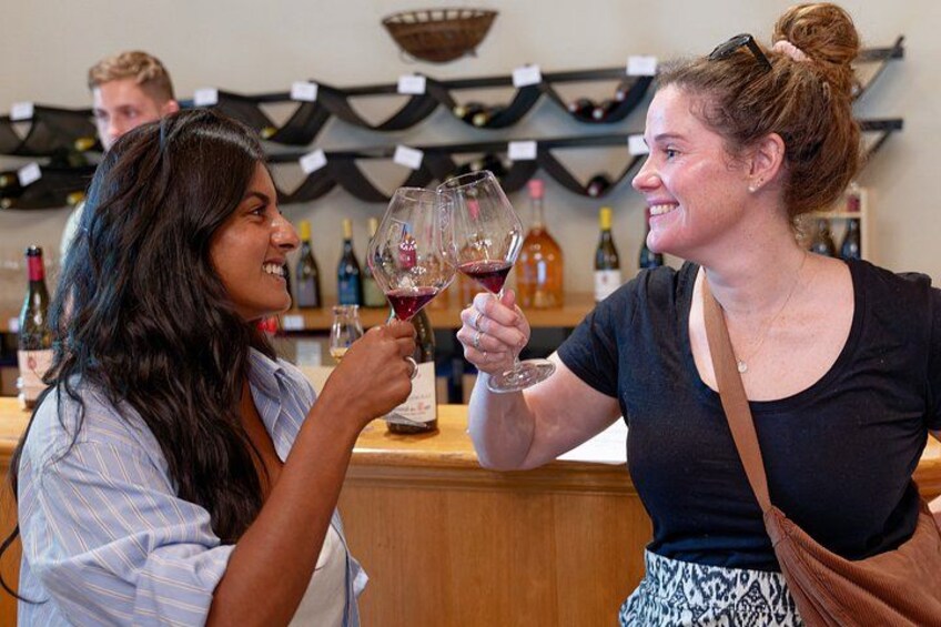 Two people toasting with wine glasses in a bar setting with wine bottles in the background. 3