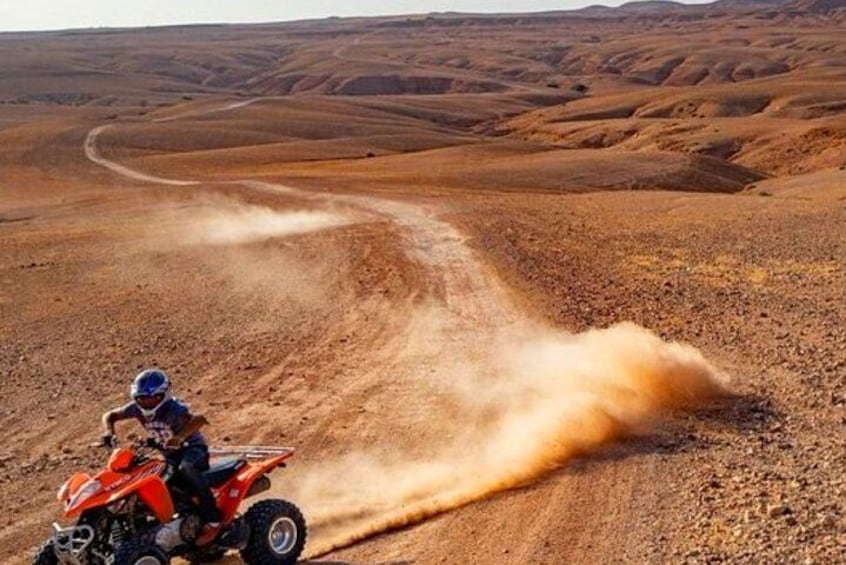 A person riding a quad bike on a dirt road in a desert landscape. 5