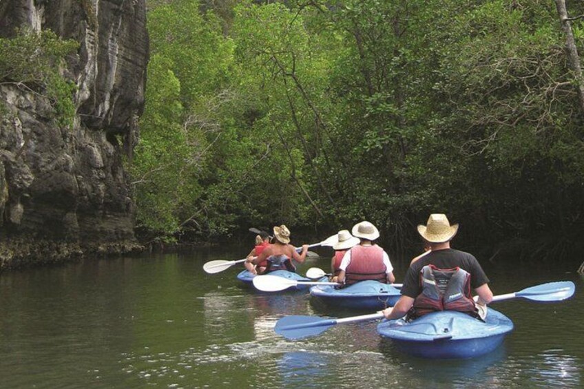 People kayaking on a river surrounded by dense greenery and rocky cliffs. 1
