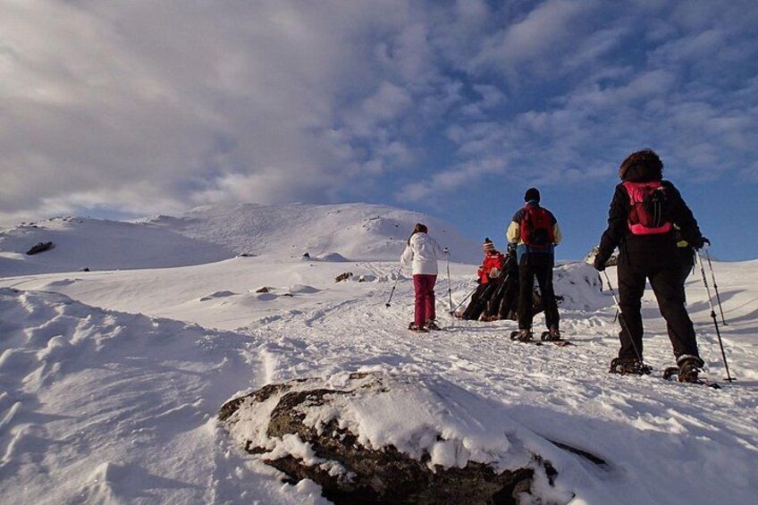 A snowy mountain landscape with hikers. 1