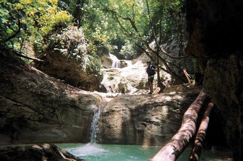 Une cascade située dans une zone boisée, avec une personne debout près de l’eau. 4