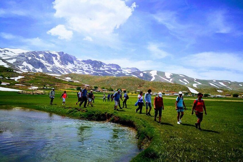 Un grupo de personas caminando sobre un campo de hierba con una cadena montañosa al fondo. 3