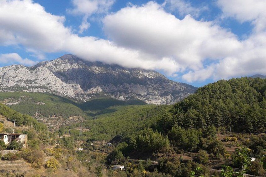 Een bergachtig landschap met een dorp in de vallei, dicht bos en een markante bergtop. 5
