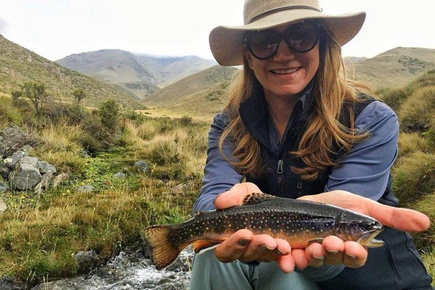 Eine Person hält einen Fisch in einer Berglandschaft. 1