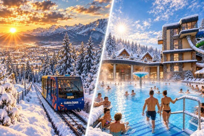 Et sneklædt landskab med et tog, en swimmingpool og en bygning med en stolelift. 1