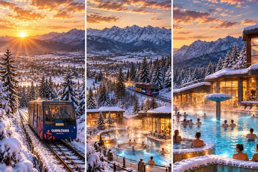 Paisaje nevado con un tren, un complejo termal y una zona de piscina. 1