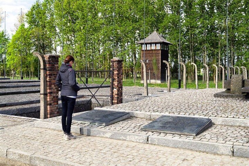 A person standing at a gate, a brick structure, and a small tower in a park. 2
