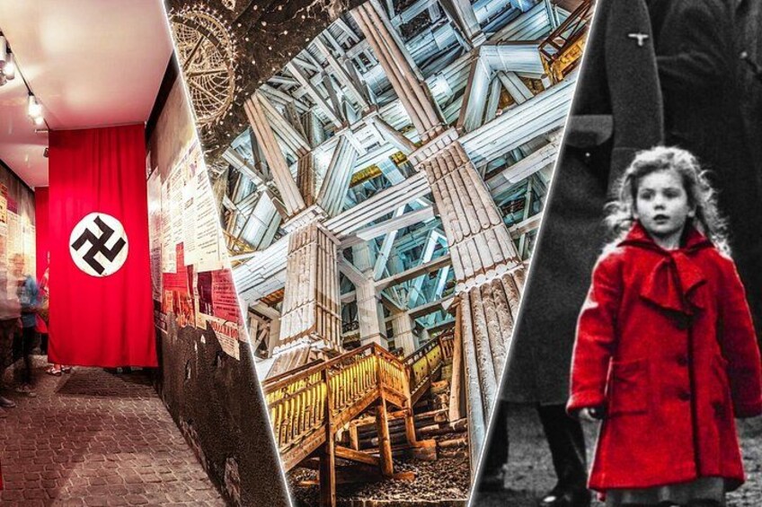 Una pared roja con un símbolo nazi, una estructura de cristal y una persona con abrigo rojo. 1