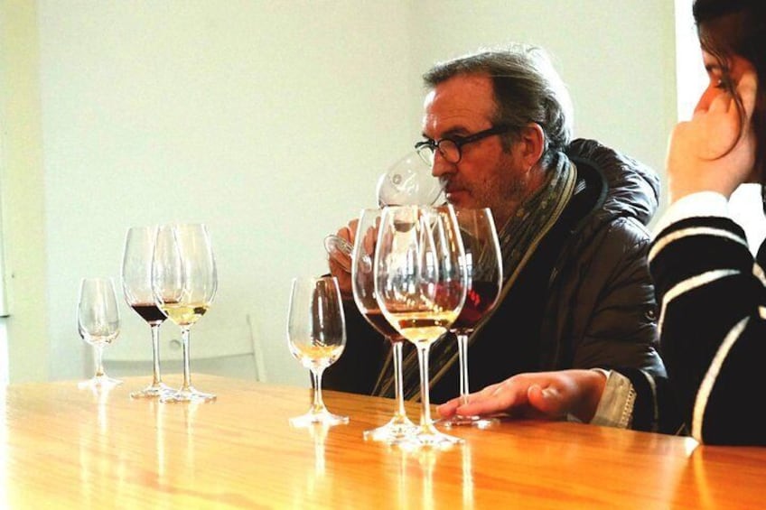 Una persona sentada a una mesa con varias copas de vino. 4