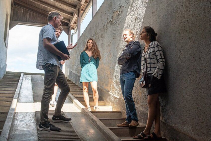 Un grupo de personas de pie en una escalera, con un muro de concreto y vigas de madera al fondo. 2