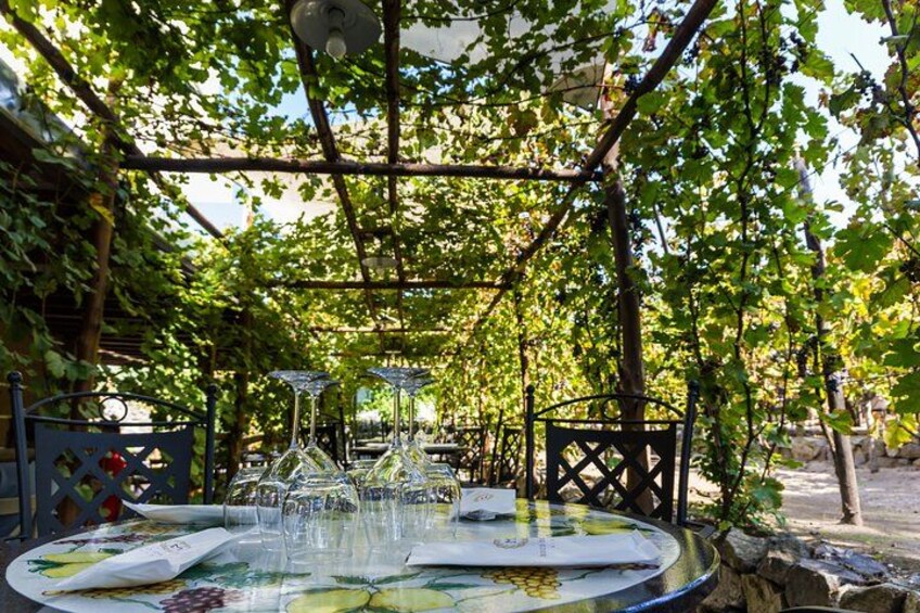 An outdoor dining area with a table set for two, surrounded by a pergola with climbing plants. 3