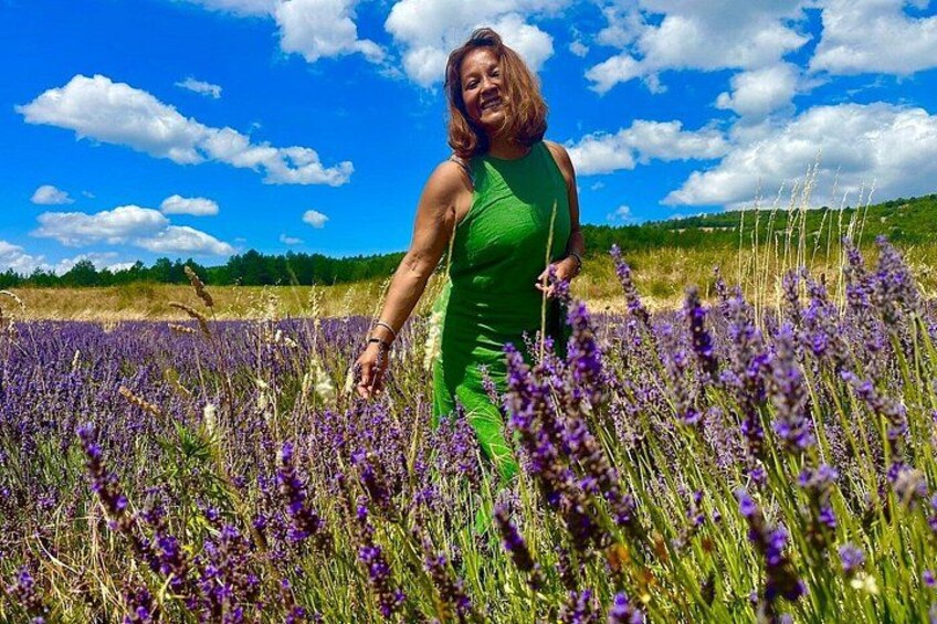 A person in a green dress walking through a field of purple flowers under a blue sky with clouds. 3