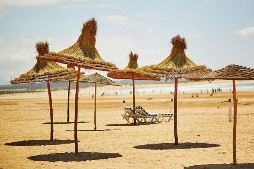 Ein Strand mit Reetdachschirmen und Liegestühlen. 2