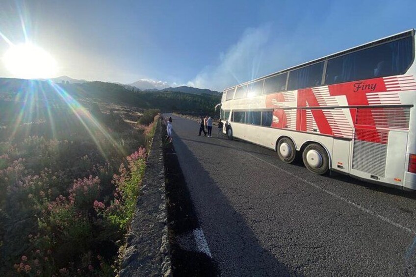 A bus parked on a road with mountains in the background. 4